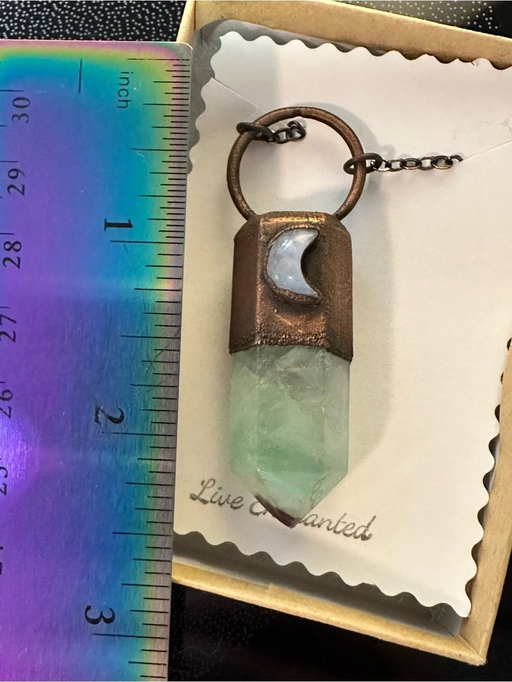 Enchanted by Cara Fluorite  Pendant with Crescent Moonstone Necklace 24” new